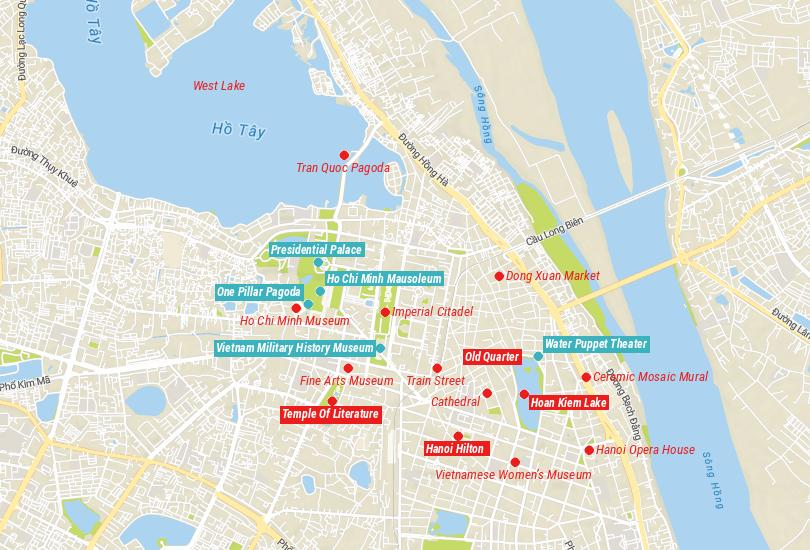 Hanoi attractions map for Hanoi city tour 